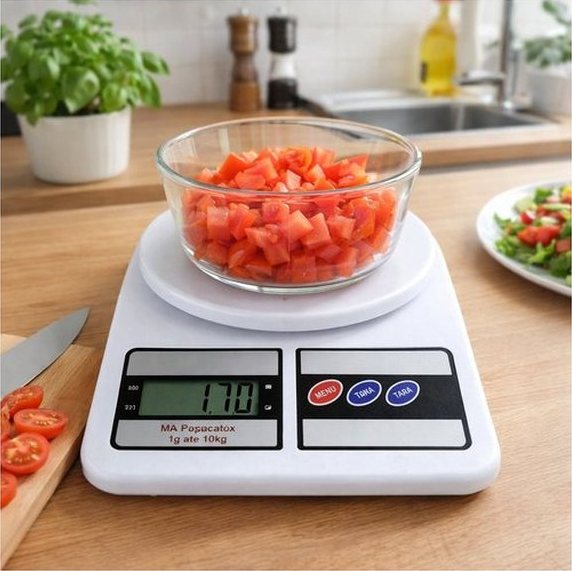 Balança digital de cozinha com tomates picados