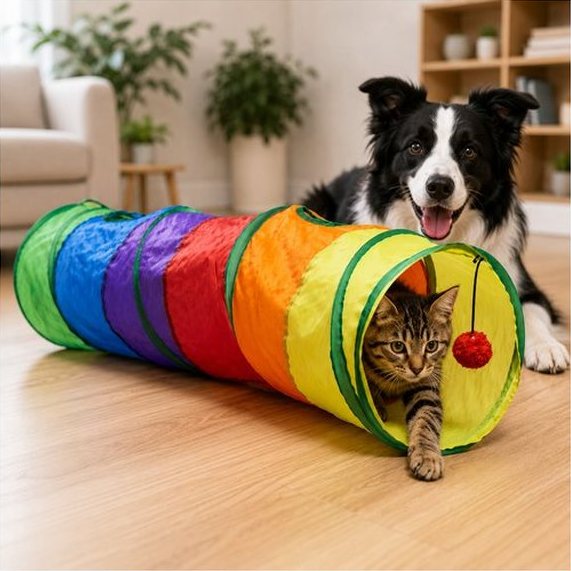 Cachorro e gato brincando num túnel colorido